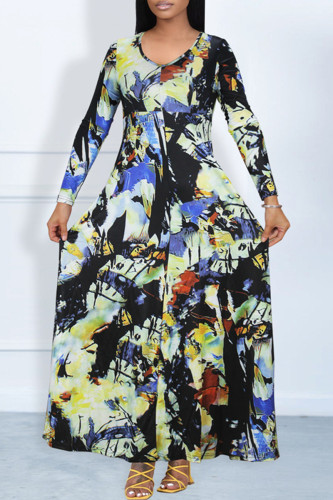 Multicolor Casual Print Patchwork V Neck Long Sleeve Dresses