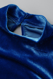 Blue Sexy Solid Fold Asymmetrical Half A Turtleneck Long Sleeve Dresses