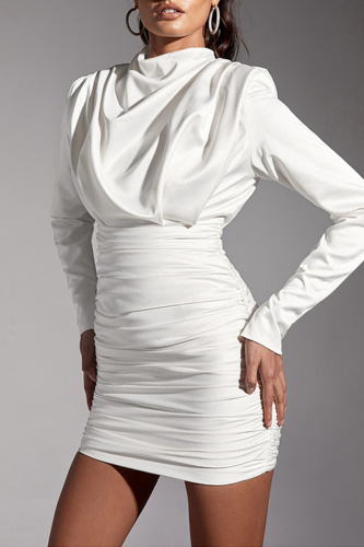 White Sexy Solid Patchwork Fold Half A Turtleneck Long Sleeve Dresses