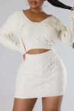 White Casual Solid Hollowed Out Patchwork V Neck Long Sleeve Dresses