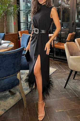 Black Sexy Formal Solid Patchwork Feathers Slit Half A Turtleneck Sleeveless Dress Dresses
