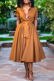 Army Green Casual Solid Patchwork Turndown Collar Cake Skirt Dresses