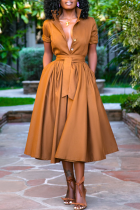 Tangerine Casual Solid Patchwork Turndown Collar Cake Skirt Dresses