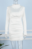 White Sexy Solid Patchwork Fold Half A Turtleneck Long Sleeve Dresses