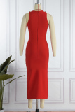 Red Sexy Solid Patchwork Slit O Neck Sleeveless Dress