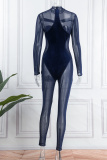 Royal Blue Sexy Patchwork Solid See-through O Neck Skinny Jumpsuits
