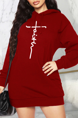 Burgundy Casual Print Patchwork Hooded Collar Long Sleeve Dresses
