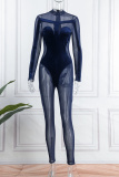 Royal Blue Sexy Patchwork Solid See-through O Neck Skinny Jumpsuits