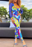 Colour Sexy Print Patchwork Square Collar Long Sleeve Dresses