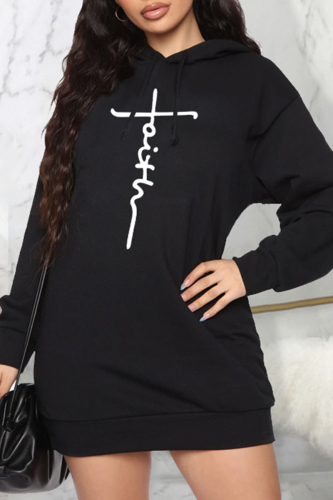Black Casual Print Patchwork Hooded Collar Long Sleeve Dresses