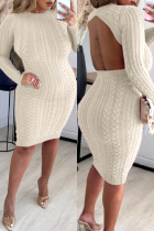 White Sexy Casual Solid Backless O Neck Long Sleeve Dresses