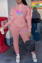 Pink Sportswear Print Letter Hooded Collar Long Sleeve Two Pieces