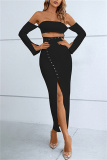 Black Sexy Formal Solid Hollowed Out Patchwork Slit Off the Shoulder Strapless Dress Dresses