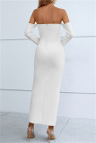 White Sexy Formal Solid Hollowed Out Patchwork Slit Off the Shoulder Strapless Dress Dresses