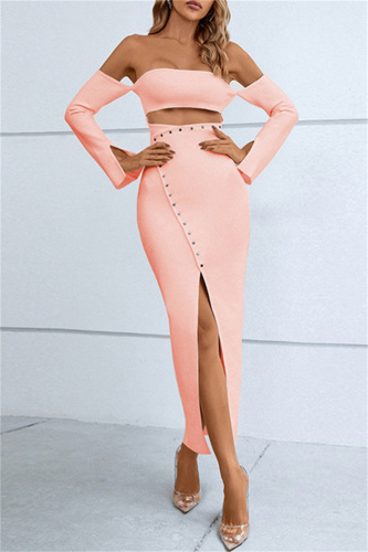 Light Orange Sexy Formal Solid Hollowed Out Patchwork Slit Off the Shoulder Strapless Dress Dresses