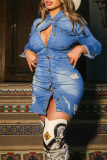 The cowboy blue Sexy Casual Solid Ripped Patchwork Backless Turndown Collar Long Sleeve Regular Denim Dresses