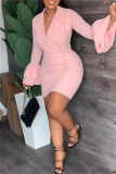 Pink Casual Solid Patchwork Turn-back Collar Long Sleeve Dresses