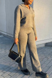 Grey Casual Solid Patchwork Turndown Collar Long Sleeve Two Pieces