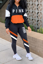 Black Casual Print Patchwork Zipper Collar Long Sleeve Two Pieces