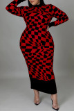 White Casual Plaid Print Patchwork Half A Turtleneck Long Sleeve Plus Size Dresses