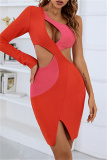 Red Sexy Patchwork Hollowed Out Backless Contrast Oblique Collar Long Dress Dresses