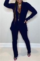 Dark Blue Casual Solid Cardigan Pants Turn-back Collar Long Sleeve Two Pieces