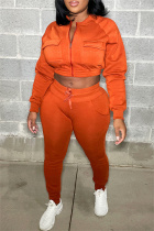 Orange Casual Solid Patchwork Zipper Collar Long Sleeve Two Pieces