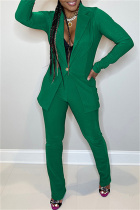 Green Casual Solid Cardigan Pants Turn-back Collar Long Sleeve Two Pieces