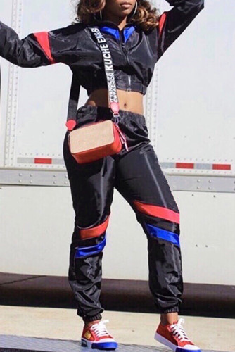 Black Casual Patchwork Contrast Zipper Collar Long Sleeve Two Pieces