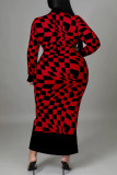 Red Casual Plaid Print Patchwork Half A Turtleneck Long Sleeve Plus Size Dresses