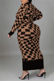 Brown Casual Plaid Print Patchwork Half A Turtleneck Long Sleeve Plus Size Dresses