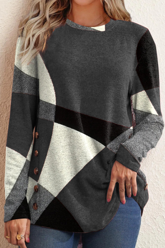 Grey Casual Print Patchwork O Neck Tops