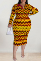 Gold Fashion Casual Print Patchwork Turndown Collar Pencil Skirt Plus Size Dresses