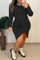 Black Casual Solid Patchwork Frenulum O Neck Long Sleeve Plus Size Dresses