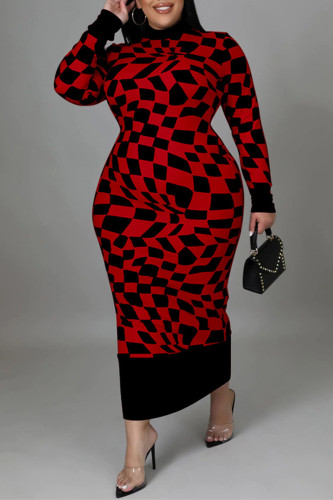 Red Casual Plaid Print Patchwork Half A Turtleneck Long Sleeve Plus Size Dresses
