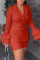 Red Casual Solid Patchwork Turn-back Collar Long Sleeve Dresses