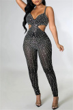 Beige Sexy Patchwork Hot Drilling Hollowed Out See-through Backless Spaghetti Strap Skinny Jumpsuits