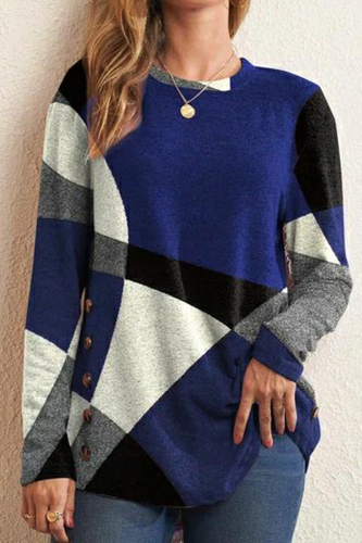 Blue Casual Print Patchwork O Neck Tops