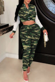 Army Green Casual Camouflage Print Patchwork Long Sleeve Two Pieces