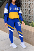 Blue Casual Print Patchwork Zipper Collar Long Sleeve Two Pieces