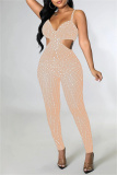 Black Sexy Patchwork Hot Drilling Hollowed Out See-through Backless Spaghetti Strap Skinny Jumpsuits
