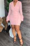 Pink Casual Solid Patchwork Turn-back Collar Long Sleeve Dresses