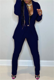 Dark Blue Casual Solid Cardigan Pants Turn-back Collar Long Sleeve Two Pieces