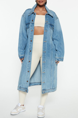 Sky Blue Casual Solid Patchwork Turndown Collar Long Sleeve Regular Denim Jacket