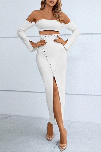 White Sexy Formal Solid Hollowed Out Patchwork Slit Off the Shoulder Strapless Dress Dresses