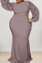 Grey Sexy Solid Sequins Patchwork O Neck Long Dress Plus Size Dresses