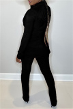 Black Casual Solid Cardigan Pants Turn-back Collar Long Sleeve Two Pieces