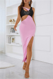 Pink Sexy Formal Patchwork Hot Drilling Hollowed Out Slit Oblique Collar Evening Dress Dresses