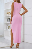 Pink Sexy Formal Patchwork Hot Drilling Hollowed Out Slit Oblique Collar Evening Dress Dresses