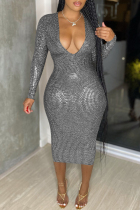 Silver Sexy Casual Bronzing Patchwork V Neck Long Sleeve Dresses